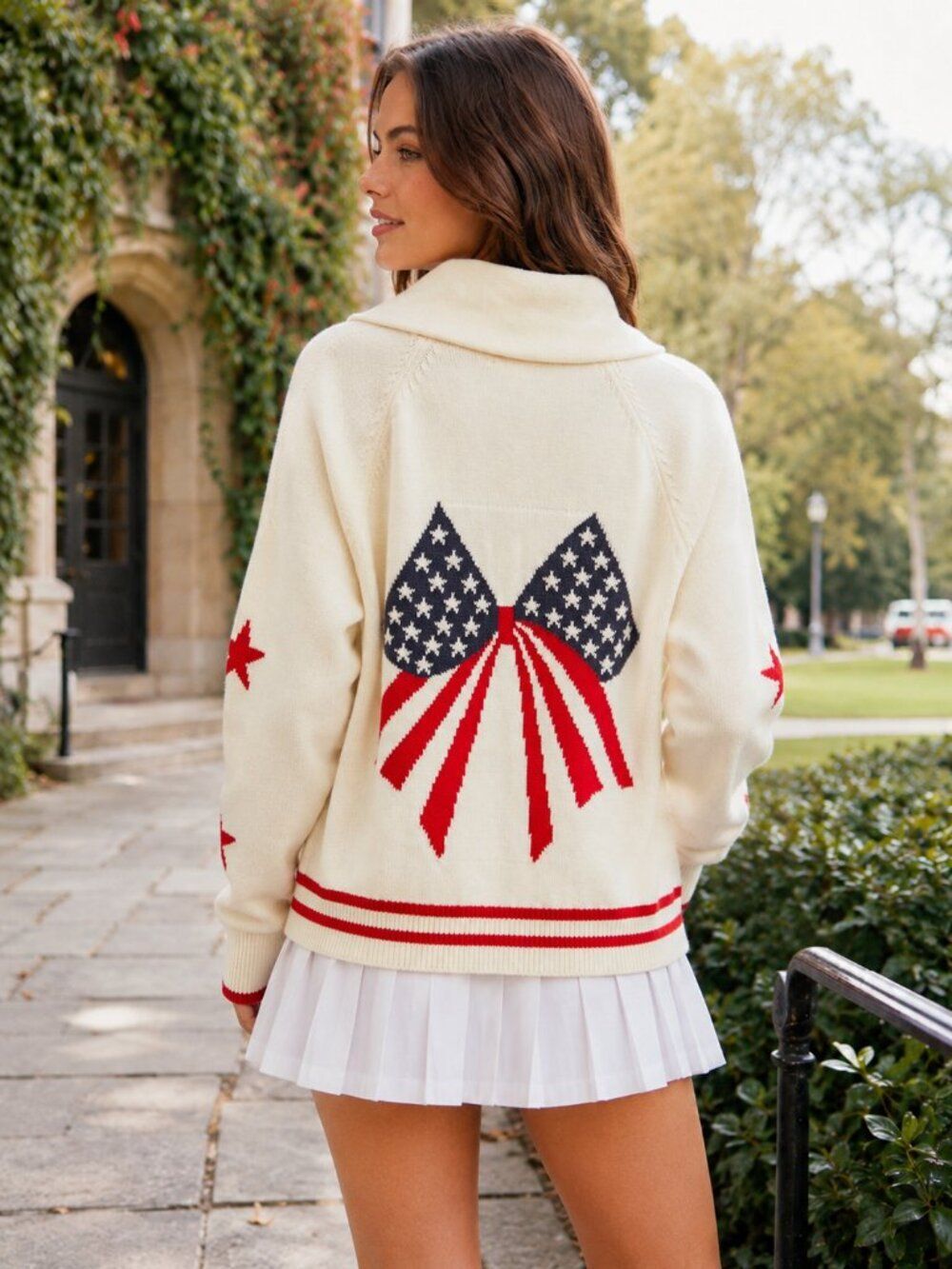 Americana Bow Cream knit Shawl cardigan star red accents Cozy Coastal Preppy M